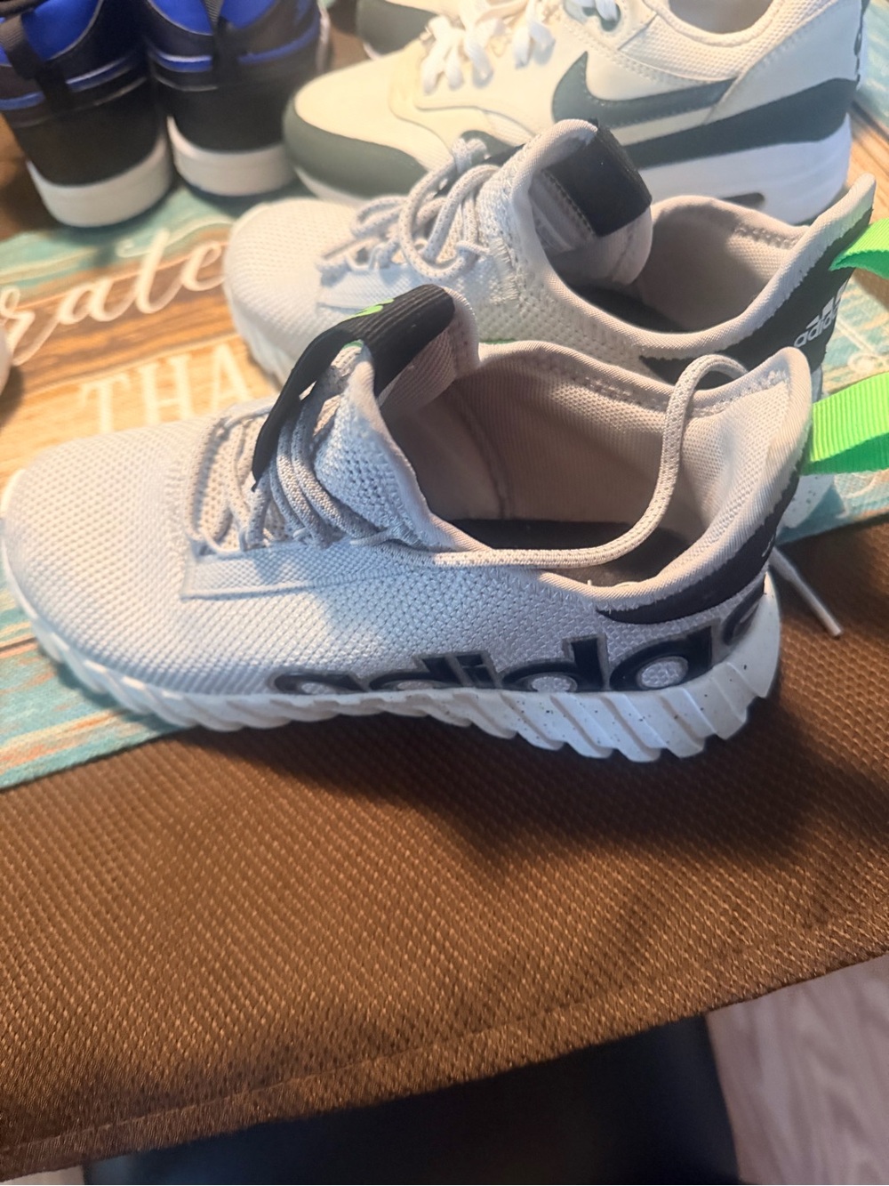 adidas Kids Light Gray Sneakers with Black Logo and Neon Green Pull Tab